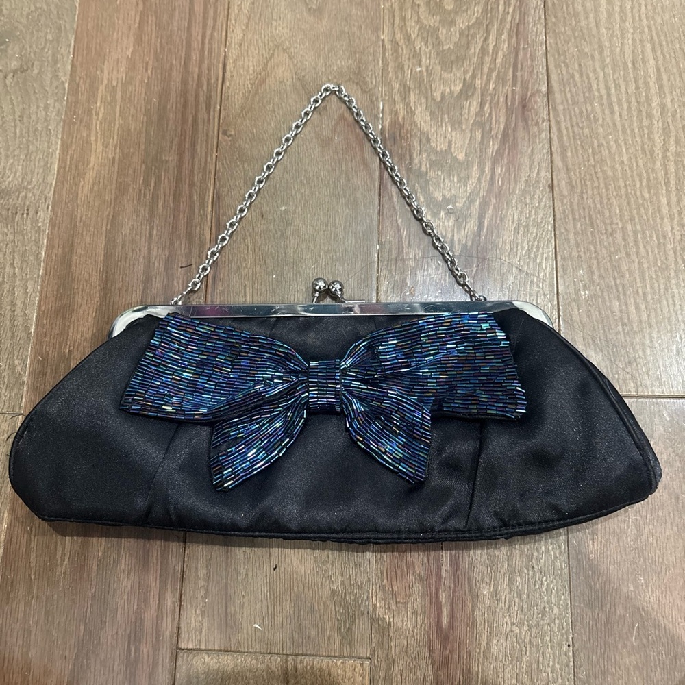 Black Satin Evening Clutch with Iridescent Bow